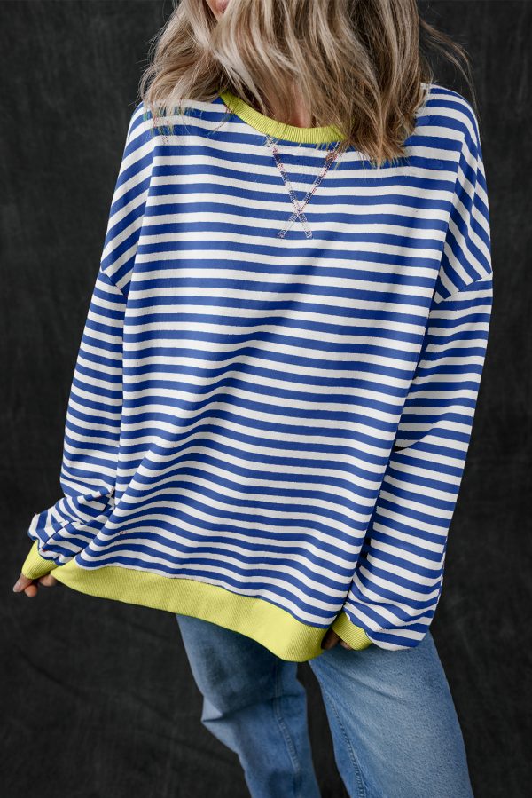 Green Stripe Oversized Contrast Trim Pullover Sweatshirt - Image 18