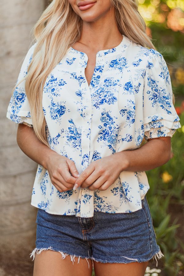 Sky Blue Floral Tiered Puff Short Sleeve Pleated Bust Buttoned Casual Shirt - Image 16