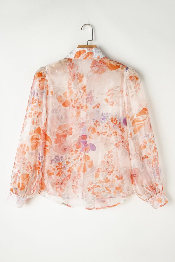 White Floral Print Collared Balloon Sleeve Loose Shirt - Image 7
