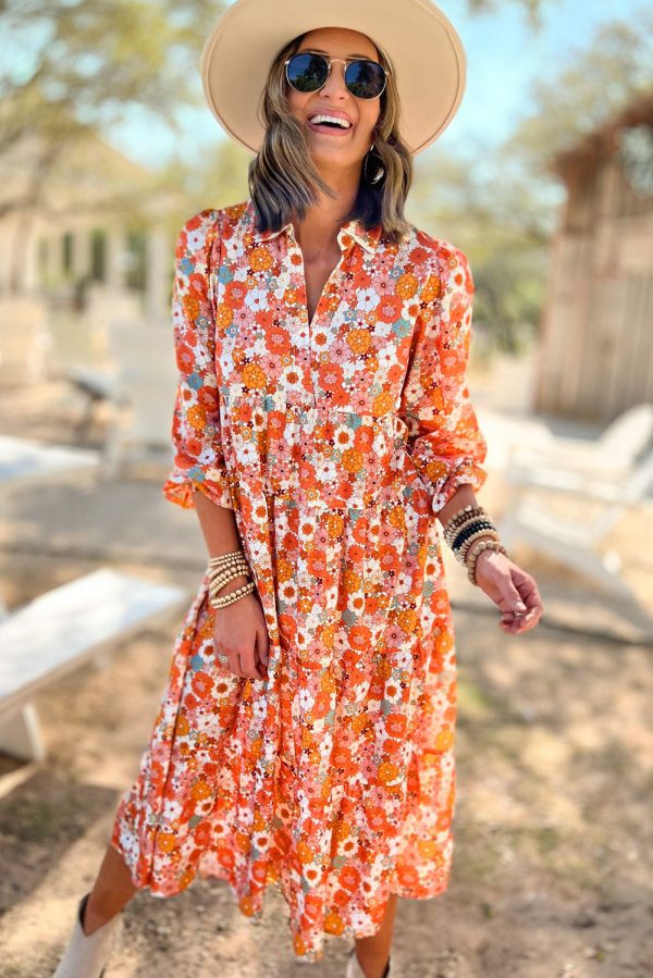 Multicolor Boho Floral Collared Long Sleeve Ruffled Dress - Image 6