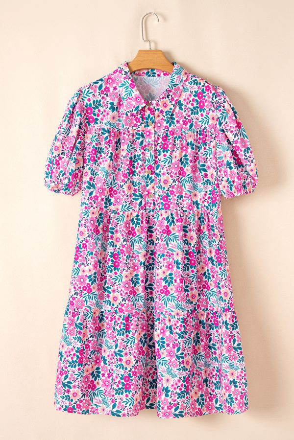 Pink Plus Size Floral Half Button Short Puff Sleeve A-line Dress - Image 4
