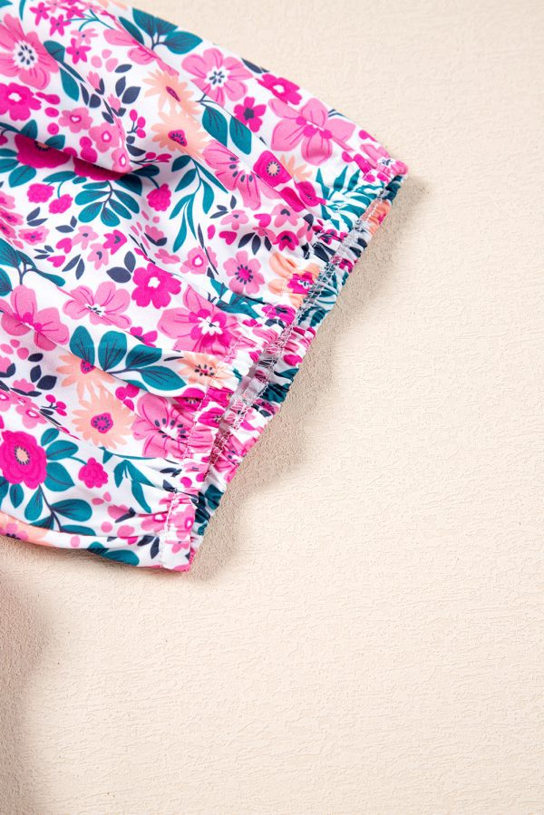 Pink Plus Size Floral Half Button Short Puff Sleeve A-line Dress - Image 7
