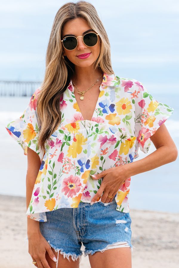 Pink Floral Boxy Fit Ruffled Short Sleeve V Neck Blouse - Image 12