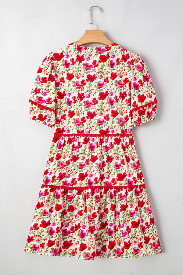 Red Floral Puff Sleeve Tiered Ric Rac Pocketed Mini Dress - Image 5