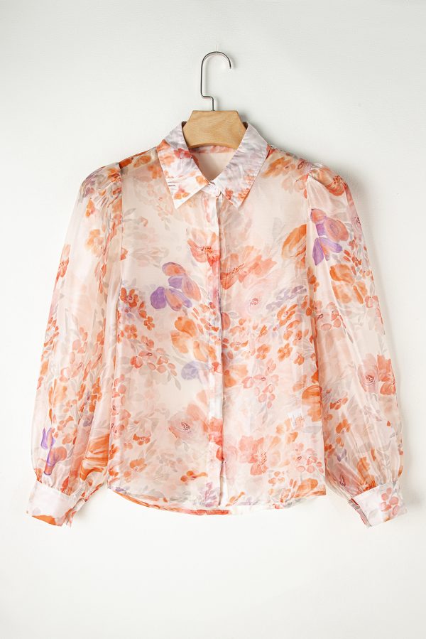 White Floral Print Collared Balloon Sleeve Loose Shirt - Image 6