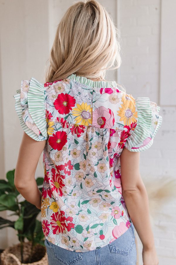 Pink Floral Print Contrast Ruffle Trim Short Sleeve Blouse - Image 2