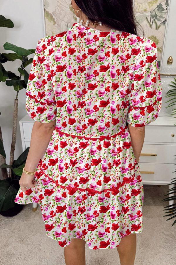 Red Floral Puff Sleeve Tiered Ric Rac Pocketed Mini Dress - Image 2