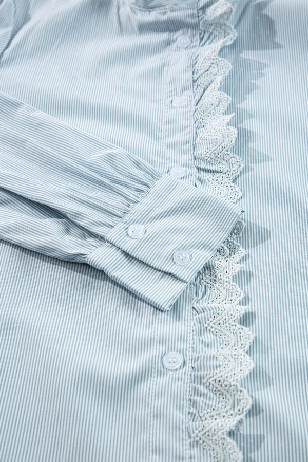 Sky Blue Stripe Frilled Trim Button Up Long Sleeve Shirt - Image 5