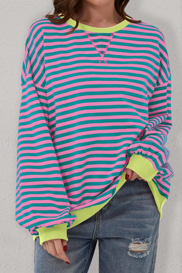 Green Stripe Oversized Contrast Trim Pullover Sweatshirt - Image 4