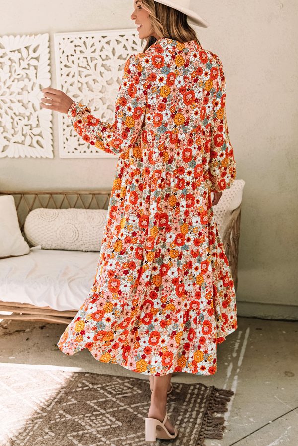 Multicolor Boho Floral Collared Long Sleeve Ruffled Dress - Image 2