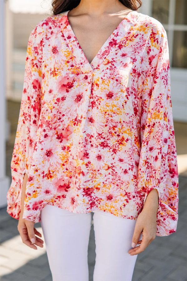 Pink Ditsy Floral Bubble Sleeve V Neck Blouse - Image 3