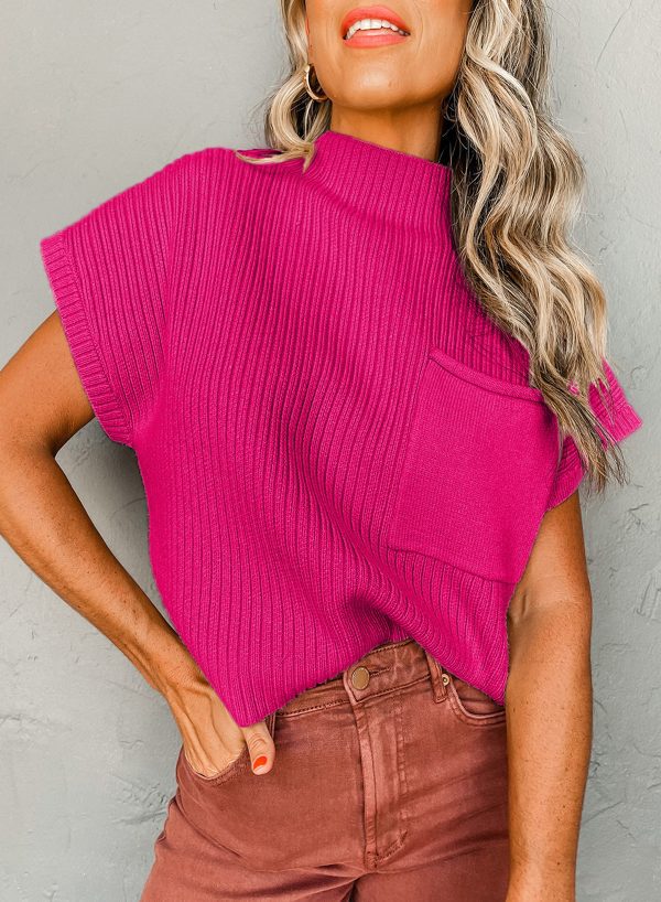 Pink Patch Pocket Ribbed Knit Short Sleeve Sweater - Image 29
