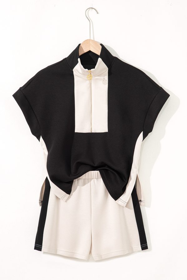 Black Contrast Zipped Stand Collared T Shirt and Short Set - Image 11