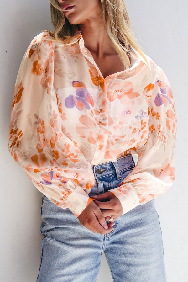 White Floral Print Collared Balloon Sleeve Loose Shirt - Image 5