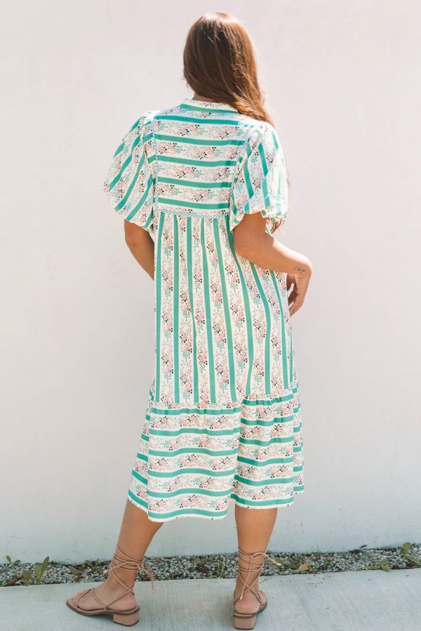 Multicolour Striped Floral Print Tie Split Neck Puff Sleeve Midi Dress - Image 2