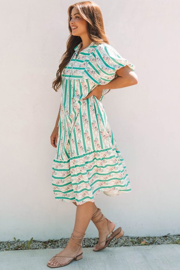 Multicolour Striped Floral Print Tie Split Neck Puff Sleeve Midi Dress - Image 3