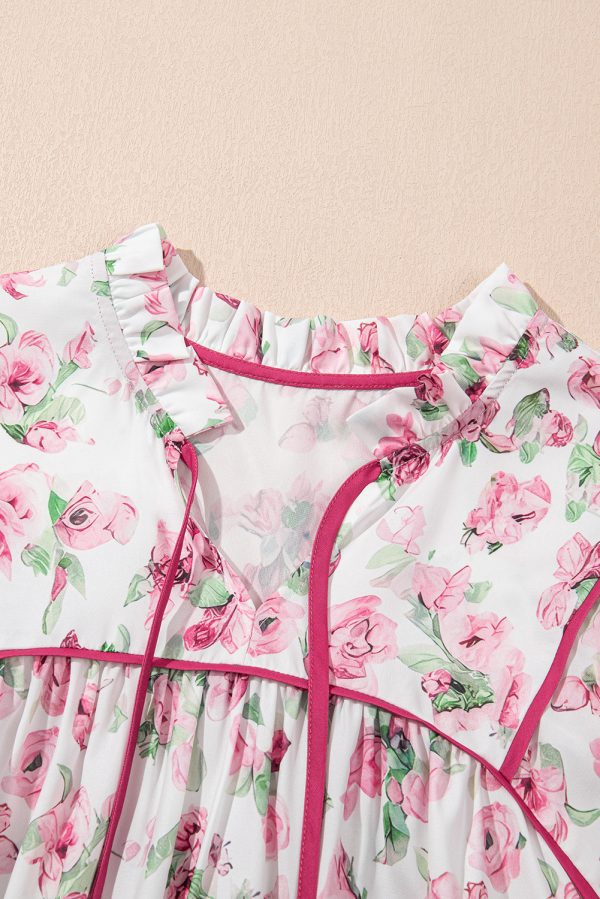 Pink Floral Split Neck Short Sleeve Loose Plus Size Mini Dress - Image 5