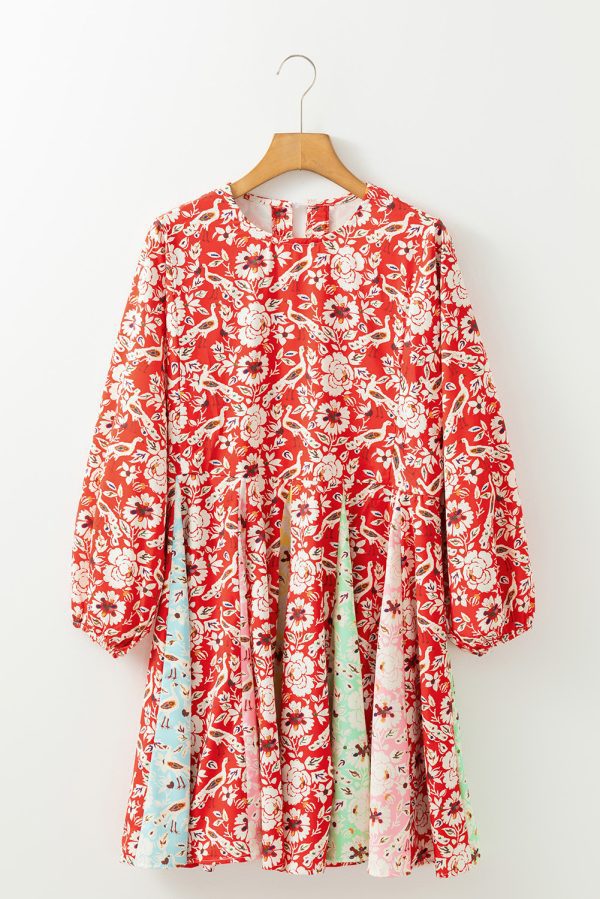 Red Colorful Floral Patchwork Long Sleeve Pleated Mini Dress - Image 4