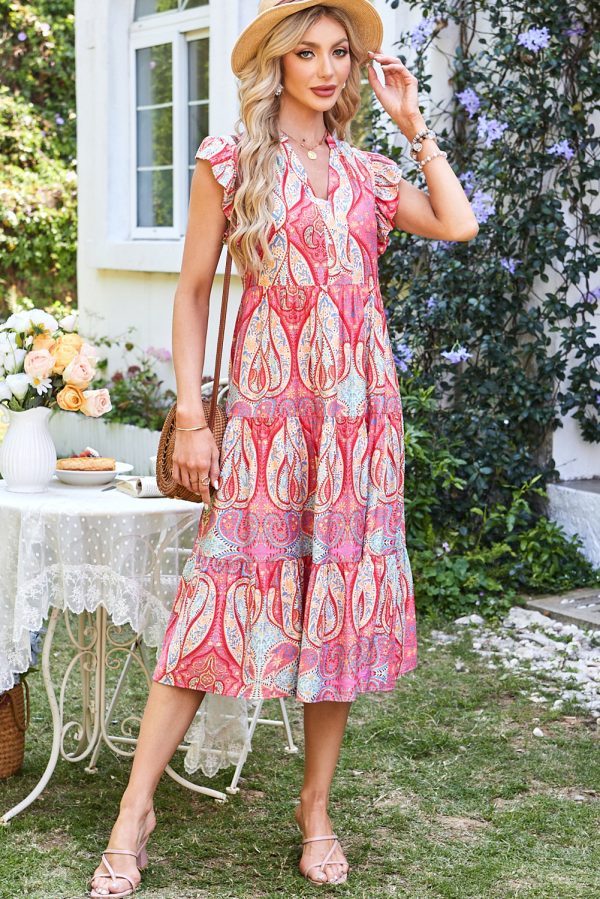 Rose Tribal Paisley Print Ruffled Sleeve Notch Neck Midi Dress - Image 4