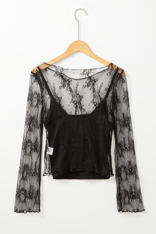 Black Lace Mesh Crochet Splicing Slim Fit Long Sleeve Blouse - Image 5