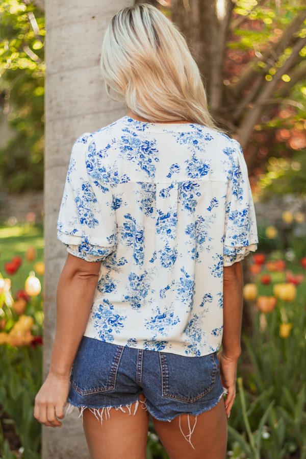 Sky Blue Floral Tiered Puff Short Sleeve Pleated Bust Buttoned Casual Shirt - Image 11