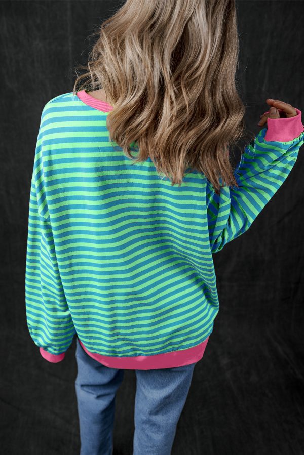 Green Stripe Oversized Contrast Trim Pullover Sweatshirt - Image 16