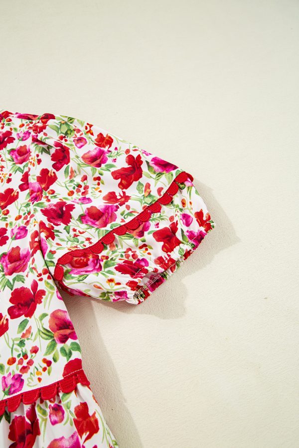 Red Floral Puff Sleeve Tiered Ric Rac Pocketed Mini Dress - Image 8