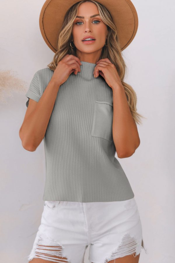 Pink Patch Pocket Ribbed Knit Short Sleeve Sweater - Image 16