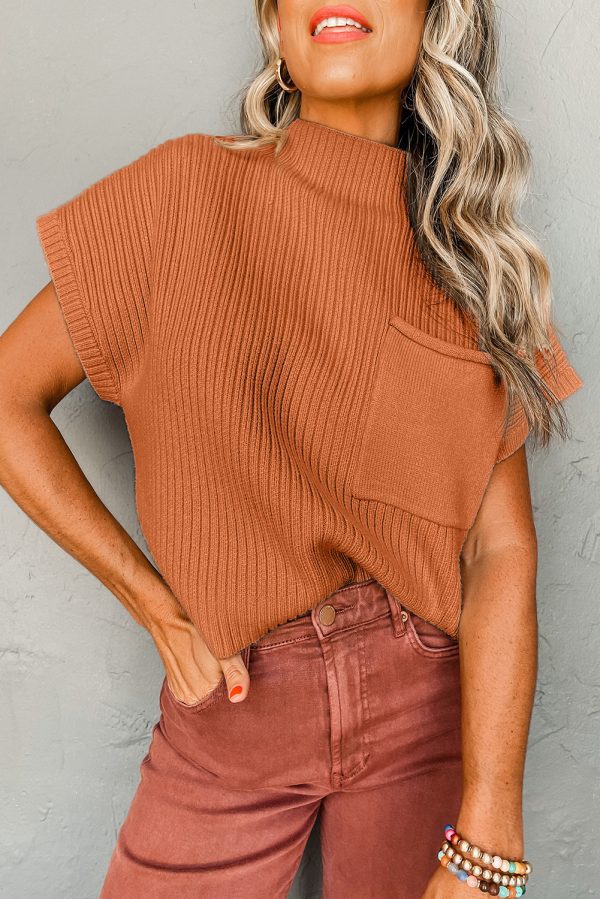 Pink Patch Pocket Ribbed Knit Short Sleeve Sweater - Image 26