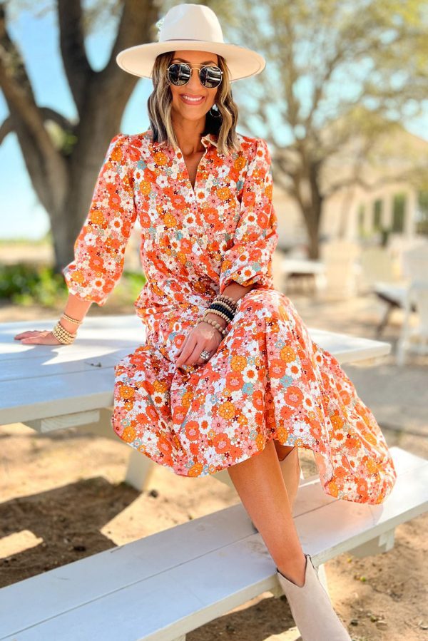 Multicolor Boho Floral Collared Long Sleeve Ruffled Dress - Image 5