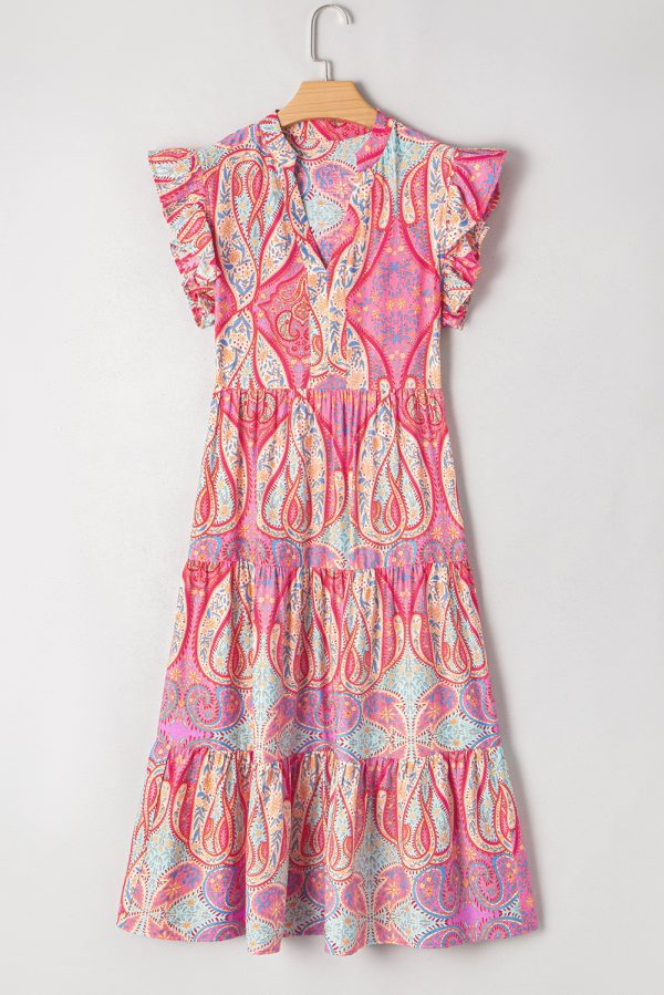 Rose Tribal Paisley Print Ruffled Sleeve Notch Neck Midi Dress - Image 6