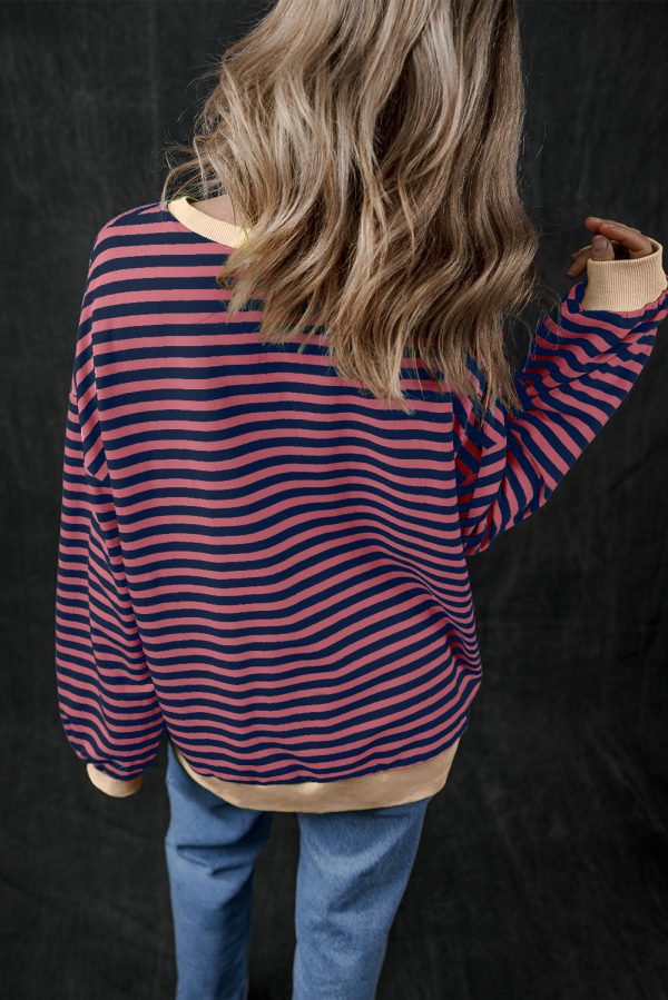 Green Stripe Oversized Contrast Trim Pullover Sweatshirt - Image 13