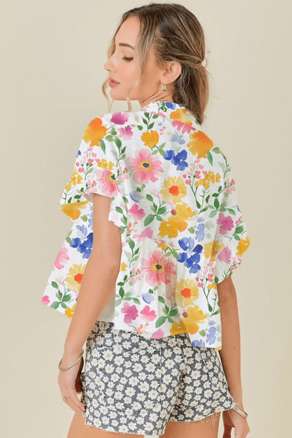 Pink Floral Boxy Fit Ruffled Short Sleeve V Neck Blouse - Image 15