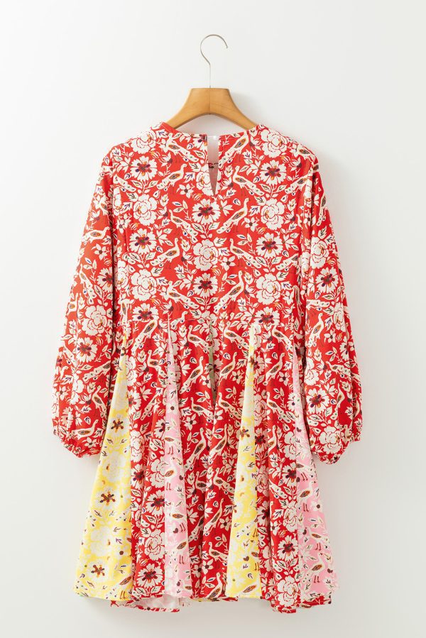 Red Colorful Floral Patchwork Long Sleeve Pleated Mini Dress - Image 5