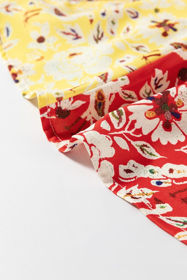 Red Colorful Floral Patchwork Long Sleeve Pleated Mini Dress - Image 8