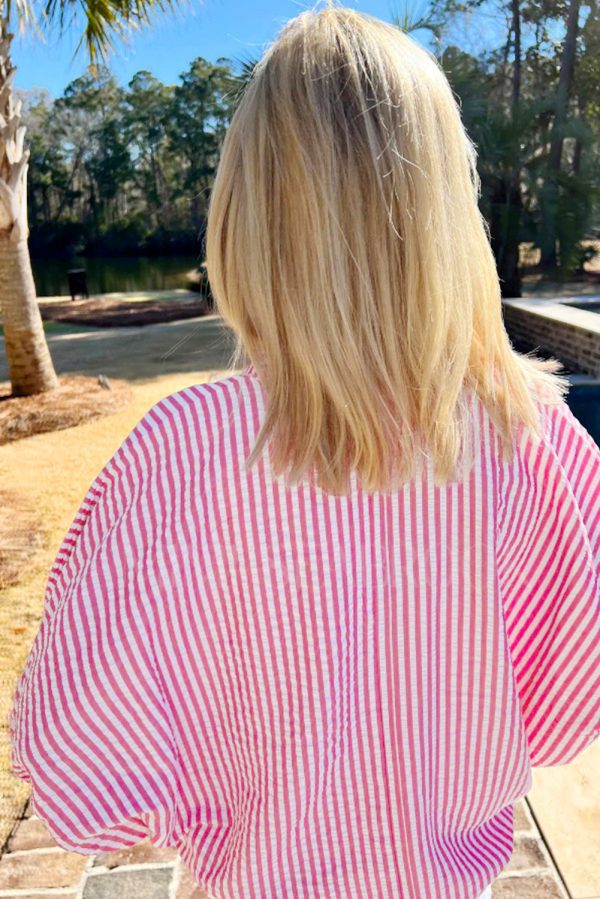 Sachet Pink Striped Print Contrast Split Neck Dolman Sleeve Blouse - Image 2