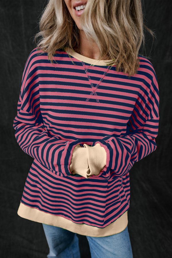 Green Stripe Oversized Contrast Trim Pullover Sweatshirt - Image 14