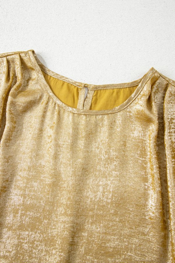 Gold Glossy Round Neck Pleated Detail Short Sleeve Blouse - Image 7