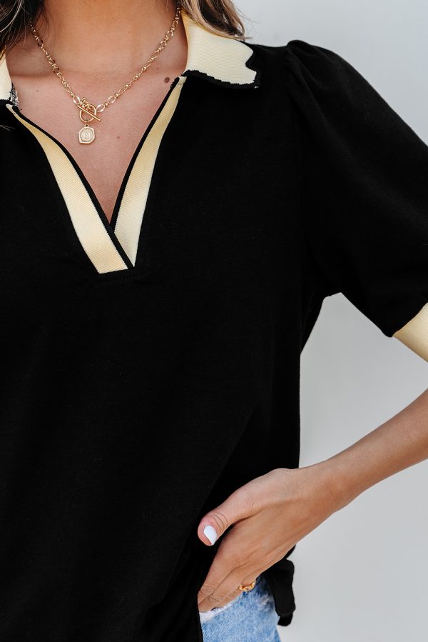 Black Color Contrast Collared V Neck Puff Sleeve Blouse - Image 15