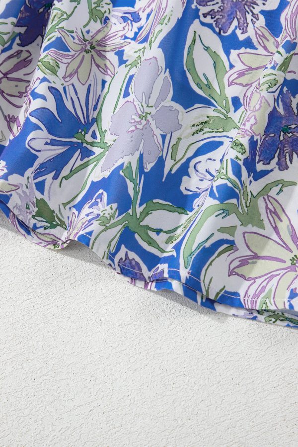 Sky Blue Floral Print Self-tie Straps Flowy Ruffle Long Dress - Image 9