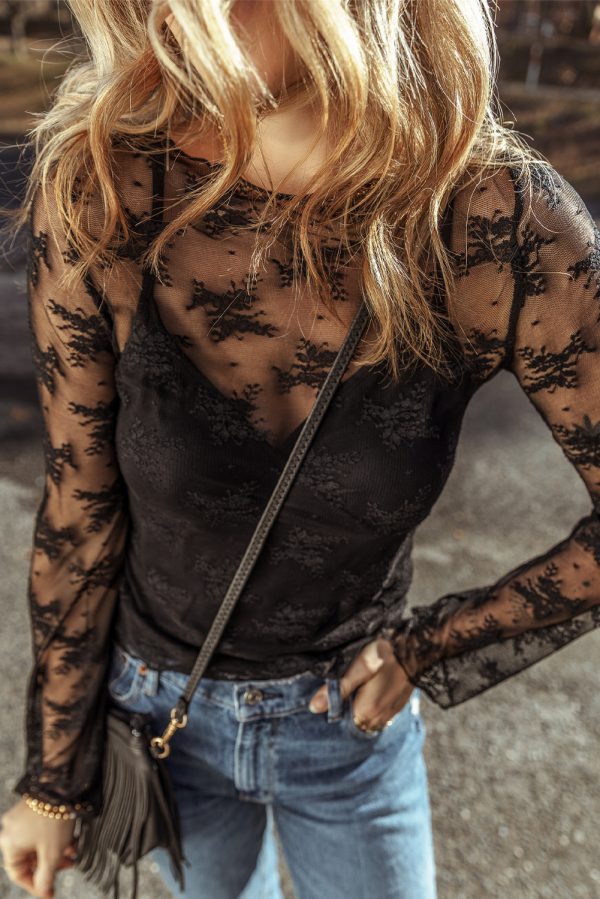 Black Lace Mesh Crochet Splicing Slim Fit Long Sleeve Blouse - Image 3