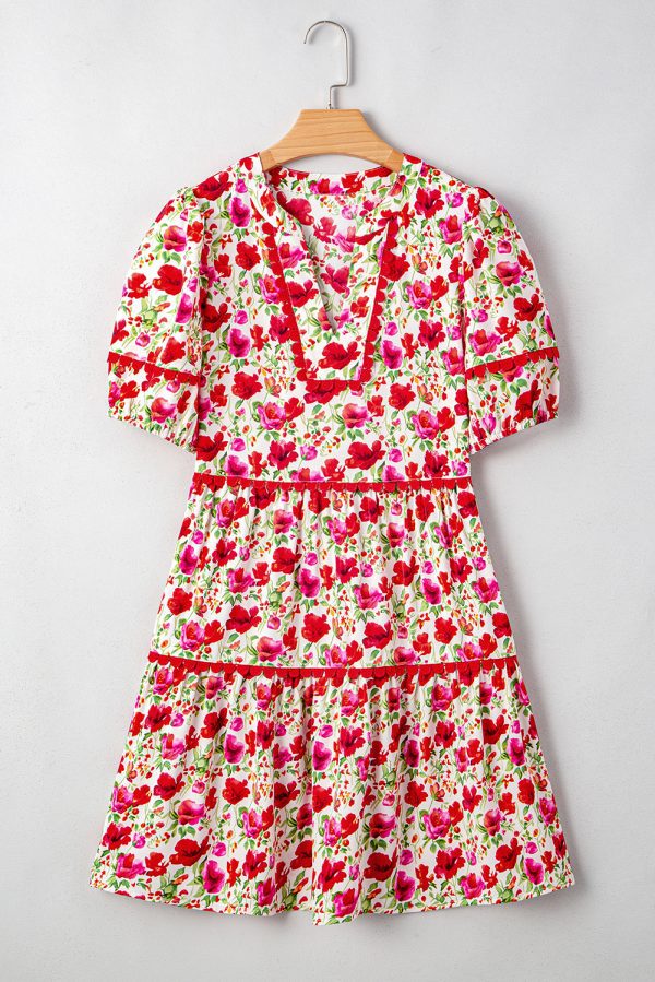 Red Floral Puff Sleeve Tiered Ric Rac Pocketed Mini Dress - Image 4