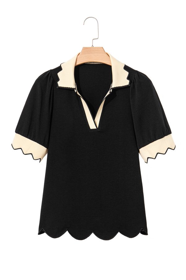 Black Color Contrast Collared V Neck Puff Sleeve Blouse - Image 18