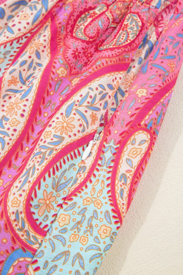 Rose Tribal Paisley Print Ruffled Sleeve Notch Neck Midi Dress - Image 9