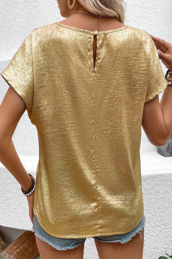 Gold Glossy Round Neck Pleated Detail Short Sleeve Blouse - Image 2