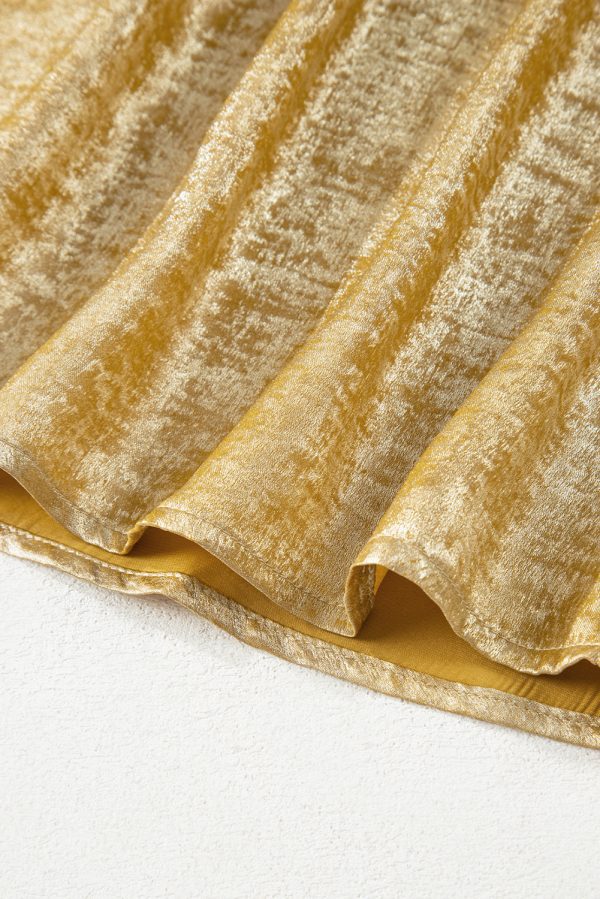 Gold Glossy Round Neck Pleated Detail Short Sleeve Blouse - Image 9