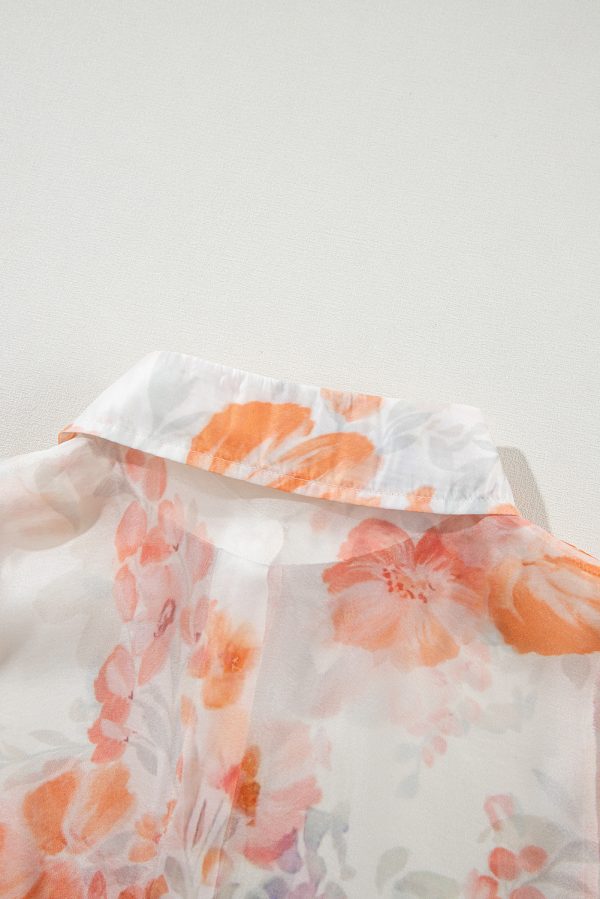 White Floral Print Collared Balloon Sleeve Loose Shirt - Image 9