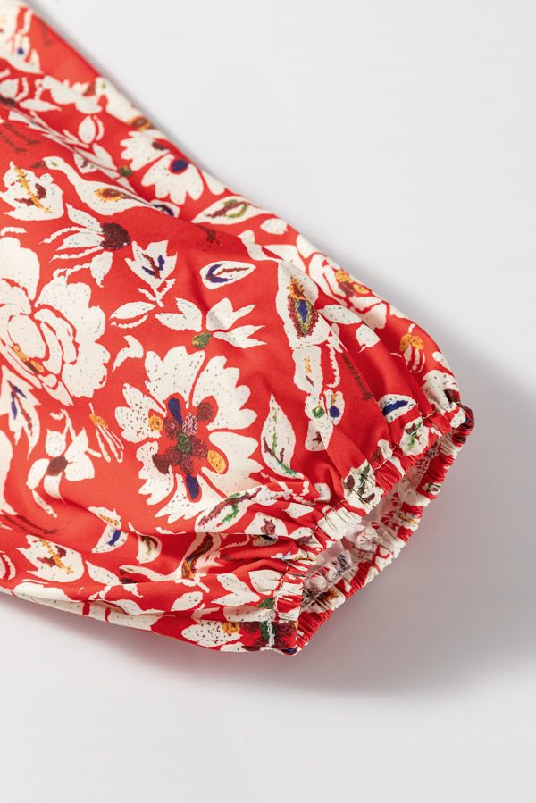Red Colorful Floral Patchwork Long Sleeve Pleated Mini Dress - Image 6