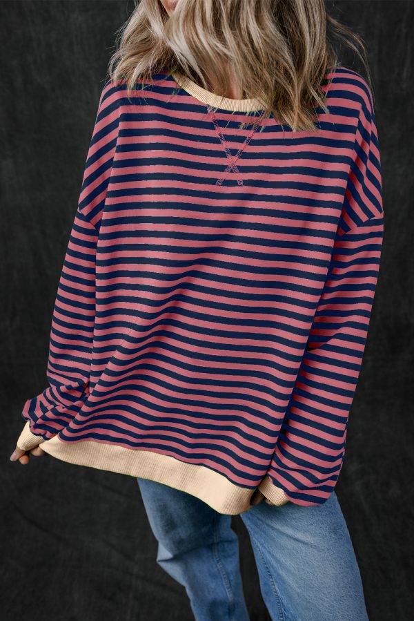 Green Stripe Oversized Contrast Trim Pullover Sweatshirt - Image 12