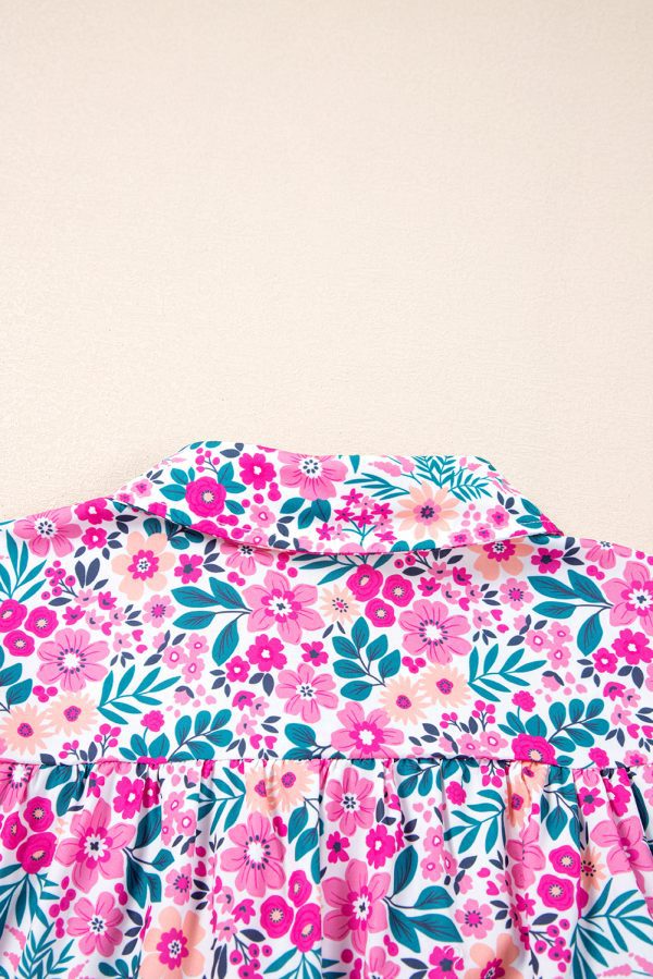 Pink Plus Size Floral Half Button Short Puff Sleeve A-line Dress - Image 6